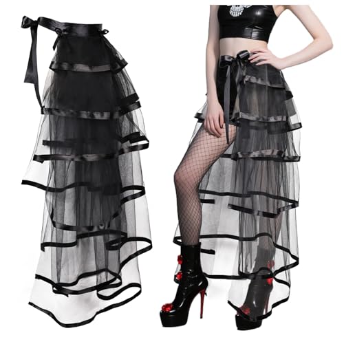iHUFeather Victorian Steampunk Bustle Skirt Layered Tie on Belt Tulle Tutu Long Overskirt for Women(Black)