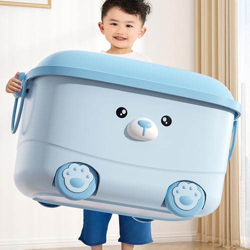 Image of Baby Bucket Multi-Use Utility Plastic Portable Container Storage Box with Wheels-(46 x 35 x 23 cm) - Blue Bear