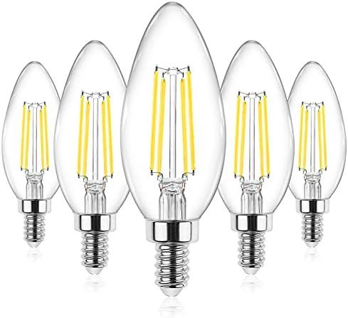 Ascher E12 Candelabra LED Light Bulbs 60 Watt Equivalent, 550 Lumen, Daylight White 5000K, Clear LED Filament Candle Bulbs, Non-Dimmable, Pack of 5