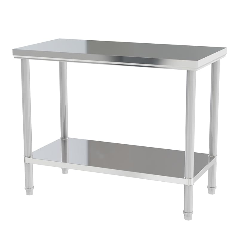 Double-Layer Stainless Steel Preparation Table,40 x 20 Inches,with a Lower Shelf and Adjustable Legs,Suitable for Commercial Restaurants, Kitchens,