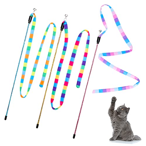 3Pcs Interactive Cat Rainbow Wand Toys for Indoor Cats, Colorful Cat Wand Toy String Plush Toy Cat Teaser Wand with Bell for Kitten Cat Exerciser Playing