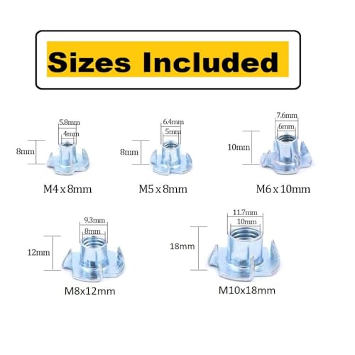 Image of Epi-Torque 180 Pcs M4 5 6 8 10 Zinc Plated Steel T Nuts Four Claw Nuts Assortment Kit for Wood Rock Climbing Holds Cabinetry Furniture