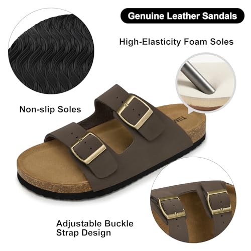 Image of TEMOFON Women's Cork Footbed Sandals: Genuine Leather Comfortable Arch Support Flat - Slip-On Summer Slide Sandals with Adjustable Buckle Brownness Size 7.5
