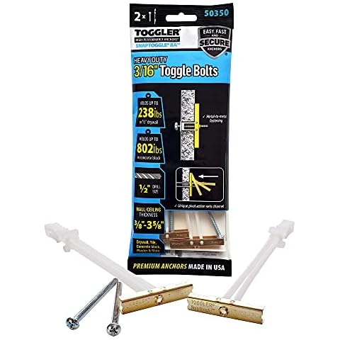 TOGGLER SNAPTOGGLE BA Toggle Anchor with Bolts, Zinc-Plated Steel Channel, Made in US, 3/8" to 3-5/8" Grip Range, For 3/16"-24 UNC Fastener Size (Pack of 2), Clear Cover