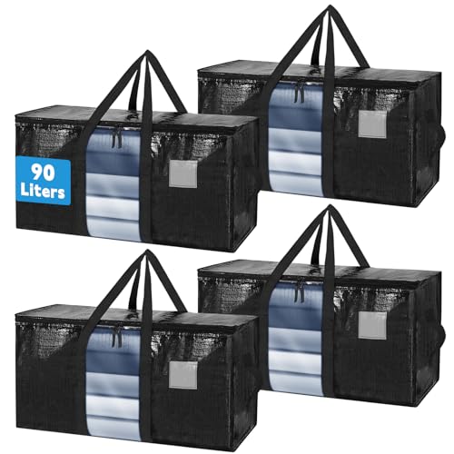 Hysagtek 4 Pack Large Storage Bag Thicker Packing Bags with Handles for Clothes Storage Garden Tools Moving Travelling Camping Waterproof Moving Bag Totes, 90L Laundry Zipped Bag