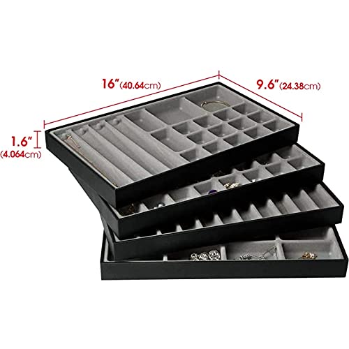 Jackcube Design Stackable Synthetic Leather Jewelry Tray Earring Necklace Bracelet Ring Organizer Display Storage Box(Set Of 4, Black, 16 X 9.6 X 1.6 Inches)- :Mk212-3Abcd #TOP5
