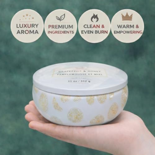 Image of Grapefruit & Honey Scented Multi-Wick Tin Candle | Reusable Printed Tin Container - 5 x 2 inch | 16 Hour Burn Time | Lead-Free Wicks | Home Decor & Gifting