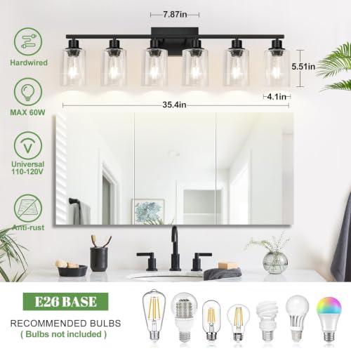 Image of MOKATNG 6-Light Bathroom Light Fixtures, Vanity Light with Clear Glass Shades, Matte Black Bathroom Light Fixtures Over Mirror, Modern Bathroom Wall Lamp for Mirror Living Room Cabinet Bedroom