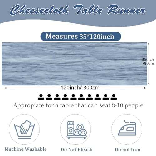 4 Pack Cheesecloth Table Runner, 35 x 120Inch Dusty Blue Table Runner, 10FT Boho Gauze Cheese Cloth Table Runners for Wedding Baby Shower Party Table Decor