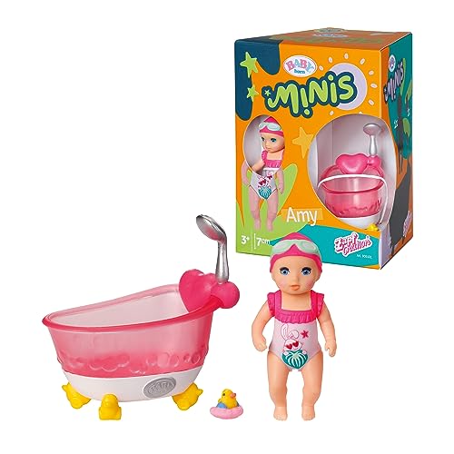 BABY born Minis, Minipuppe mit Badewanne, Spielset mit Bathtub, 7cm große Puppe Amy mit Badewanne und Bade Ente, 906101, Zapf Creation