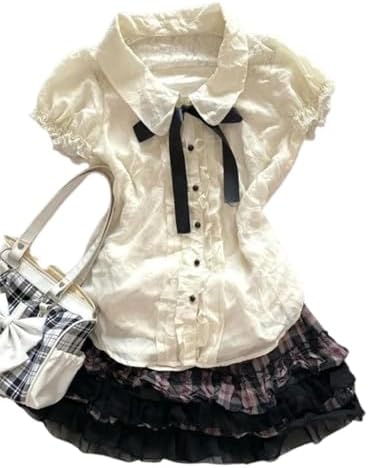 Lolita Shirts Kawaii Cute Clothes Blouse Lace Short Jirai Kei Fashion Puff Sleeve Shirt Ruffle Top with Bow Cutecore