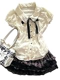 Wayolyn Lolita Shirts Kawaii Cute Clothes Blouse Lace Short Jirai Kei Fashion Puff Sleeve Shirt Ruffle Top with Bow Cutecore (Small,White)