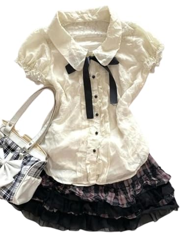 Lolita Shirts Kawaii Cute Clothes Blouse Lace Short Jirai Kei Fashion Puff Sleeve Shirt Ruffle Top with Bow Cutecore