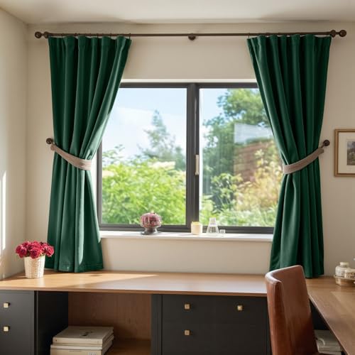 Image of Blackout Emerald Green Velvet Curtains 52x72 Inch 2 Panels | Soft Velvet, For Small Windows, Kitchens & Bathrooms, Light Shifting Texture, Elegant Drape, Classic