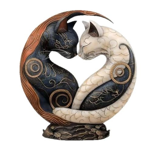 EHOTER Chat noir et blanc Yin Yang Art Décoration de bureau Chat entrelacé Résine Opulente complexe Yin Yang Sculpture pour bibliothèque, bureau, table,...