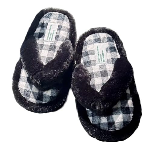 Women’s Plush Flip-Flops Slippers Checkerboard Pattern Stuff Slippers Warm Winter Wear Home Cozy Furry Soft Fuzzy Shoes