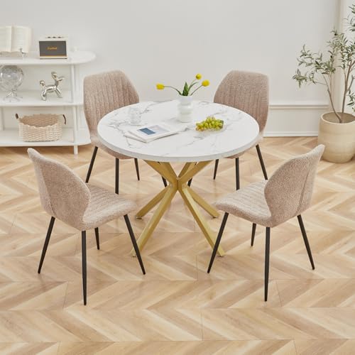 EGOONM Ensemble de Table à Manger avec 4 Chaises - Table Ronde 100 cm Plateau MDF avec 4 Chaises en Tissu Lin - Idéal Cuisine ou Salon (Blanc/Or_Marron_St)