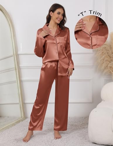 Image of Ekouaer Pajamas For Women Set Silk Pjs 2 Piece Satin Sleepwear Long Sleeve Button Down Lounge Sets With Pant