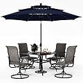 PHI VILLA Patio Dining Set with Umbrella for 4, Outdoor Table & Chairs Set with 4 Padded Swivel Patio Dining Chairs, 1 Metal Dining Table and 10ft Navy Blue Large Patio Umbrella (No Umbrella Base)