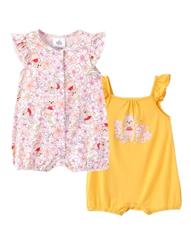 Disney Winnie the Pooh Baby 2 Pack Outfits Lightweight Breathable Baby Girl Bodysuits with Ruffle Sleeves and Snaps Pink&Yellow 0-3 Months
