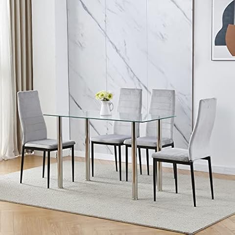 nozama Rectangular Dining Table Chair Set Space Saving Dining Room Home Furniture Clear Transparent Glass Stainless Steel Metal Legs Widen Table Top for 4 People Flannal Gray Cover
