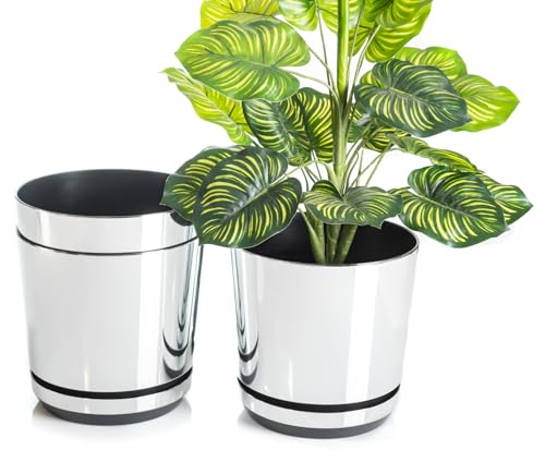 KORAD Set di 3 vasi con sottovaso di diametro 21 cm modello 016 - Specchio; glamour; moderno, alta brillantezza, stile classico, rustico, loft, per piante, erbe, fiori e composizioni vegetali.