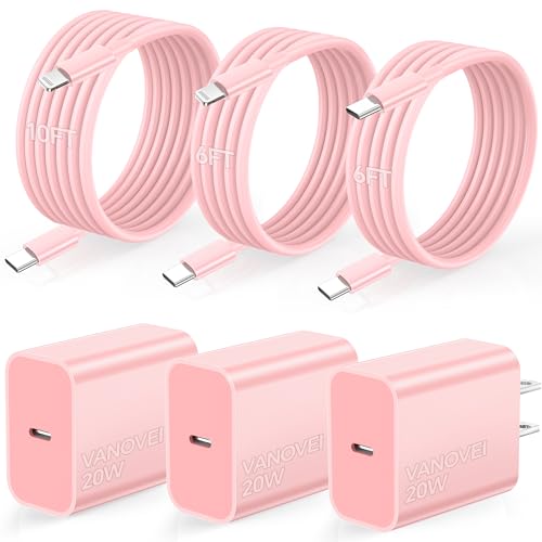 for iPhone Charging Fast Charger 10FT&6FT&6FT, 3Pack 20W USB C Charger Block with USB C to Lightning Cable 6FT&10FT and USB C to USB C Cable 6FT Compatible with iPhone 16/15/14/13/12/11/Samsumg Pink