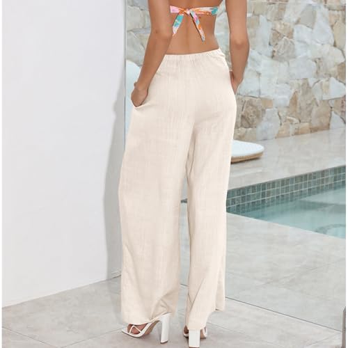 Image of Duyang Womens Cotton Linen Palazzo Pants Drawstring Elastic Waist Casual Wide Leg Trousers with Pockets