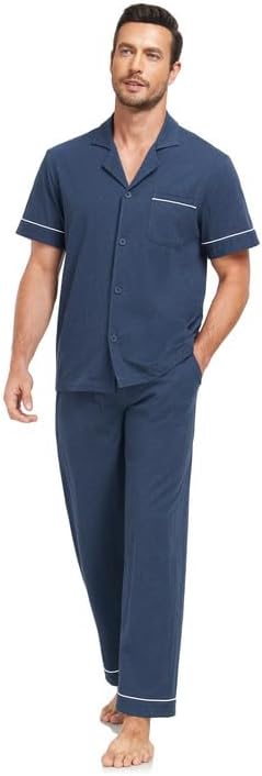 COLORFULLEAF Men's 100% Cotton Pajamas Set Button Down Short Sleeve Sleepwear Long Pants Pjs for Men with pockets - Image 3