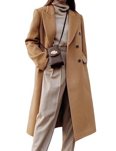 Kinghua Wollmäntel für Damen, Herbst, Winter, Kleid, Erbsenmantel, zweireihig, lang, Trenchcoat, Peacoat, CAMEL, X-Large