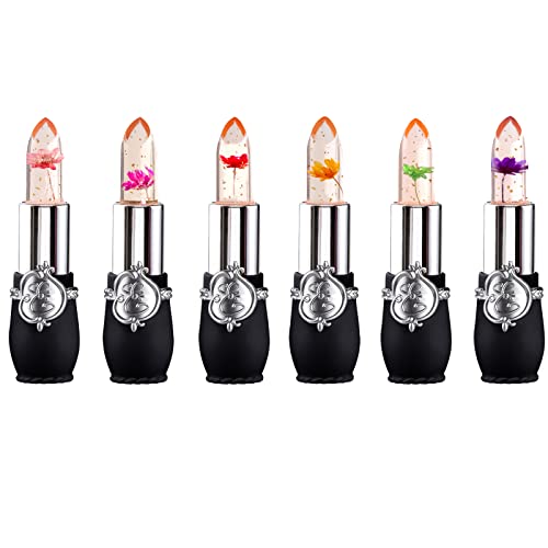 ASUSO Color Changing Lipstick,Crystal Flower Lip Gloss, Color Changing Lip Balm,Waterproof Lips Clear Temperature Lasting Lipstick (Black set of 6)
