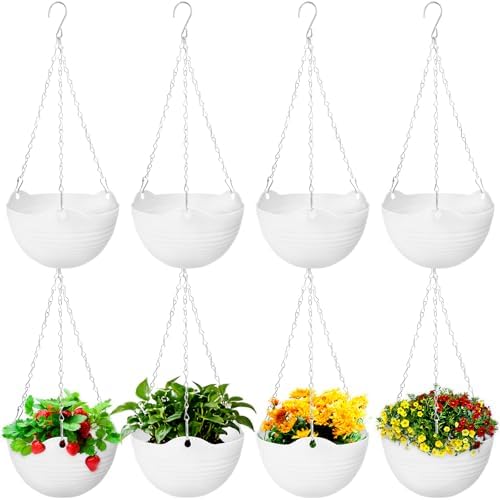 Bvrbaory 8 Pack Hanging Planter Pots,Self-Watering Flower Pot with Water Tray & Metal Chain,White Plastic Hanging Plant Pots for Indoor Outdoor Garden Decor,8 Inch