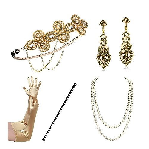 Panoplie Charleston des années 1920 chic avec coiffe en plumes et collier de perles