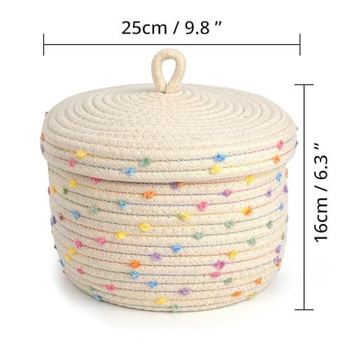 Winter Shore Baumwollseil Körbchen Geflochten - Korb Geflochten mit Deckel für Pflanzen, Garn, Kinderzimmerzubehör, Snacks, Handtücher - Flechtkorb Klein - Cremefarben mit Bunten Akzenten, Rope Basket