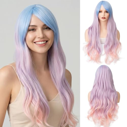 PARXITN Perücke Damen Ombré Blau Pink Lila Perücke mit Pony 28 Zoll/70 cm Lang Gewellten Lockig für Frauen Cosplay Halloween Kostüm Karneval Fasching