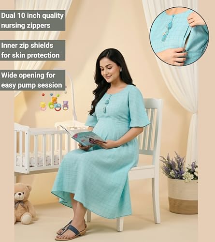 Image of DUMMY SHAPE Feeding Nighty | Maternity Dresses for Women Cotton Blend | Floral Pink Anarkali Kurta with Dual Nursing Zippers for Pregnancy & Breastfeeding | Gifts for Pregnant Women (