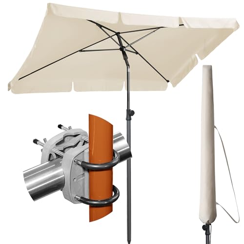 Menz Sonnenschirm Balkon - 3-IN-1 Sonnenschutz Balkon SET in Beige, UPF 50+ Sonnenschirm rechteckig 200 x 125cm + Sonnenschirmhalter Balkongeländer + Schirmhülle für Balkon, Garten & Terrasse