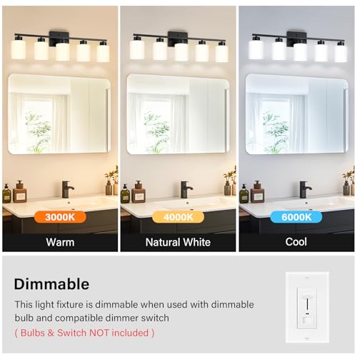 Image of FonmYim Black Bathroom Light Fixtures, 5-Light Modern Vanity Light Over Mirror, Wall Sconces with Milky White Frosted Glass Shades, E26 Socket (Bulbs Not Included)
