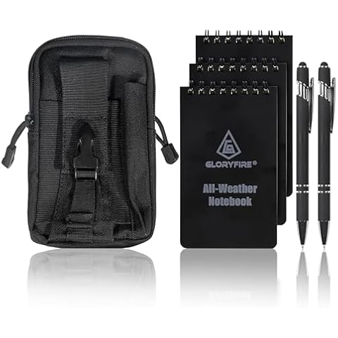 GLORYFIRE 6 Pcs Waterproof Notebook and Pen Kit：3 Waterproof Notebook with Cover, 2 Touch-screen ballpoint pen and Multifunctional Waist Pack for Outdoor Activities Recording Cover