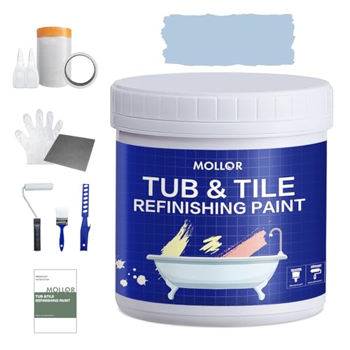 Mollor Tub and Tile Refinishing Kit with Tools, 35oz White Tile Paint Water Based & Low Odor, DIY Bathtub Paint, Easy to Use for Bathroom, Kitchen, Porcelain, Floor, Semi-Gloss, 50-60sq.ft（Light Blue）