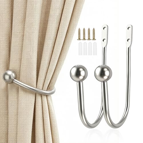 XxinXrong Metal Curtain Holdbacks 2 Pcs Curtain Drapery Holdbacks Curtain Tieback Hooks Wall Mounted Window Curtain Holder Hooks Drapery Holdbacks for Fixed Curtain or Hanging Items (Silver)