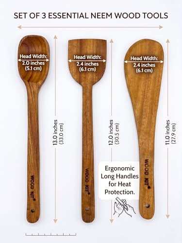 Image of Neem Wood Spoons for Cooking, 3-Piece Set - Handcrafted Wooden Kitchen Utensil Set for Non-Stick Cookware | Serving Spoon, Wide Flipper & Narrow Spatula | Heat Resistant & Eco-Friendly