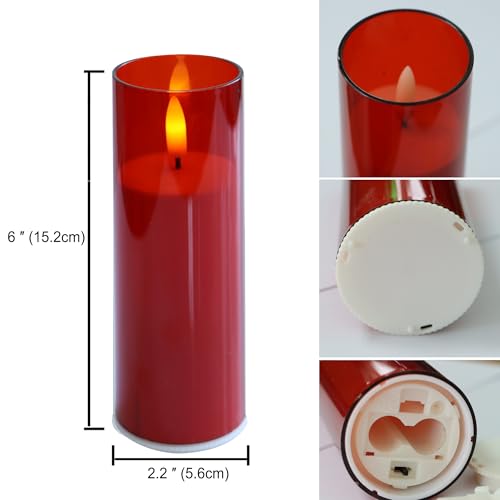 Image of CANDLE CHOICE Indoor Outdoor Flameless Candles with Timer Waterproof Realistic Flickering Battery Operated Pillar LED Lights with Acrylic Shell Wedding Party Christmas Decorations 6 Pack 2 inchx6 inch Red