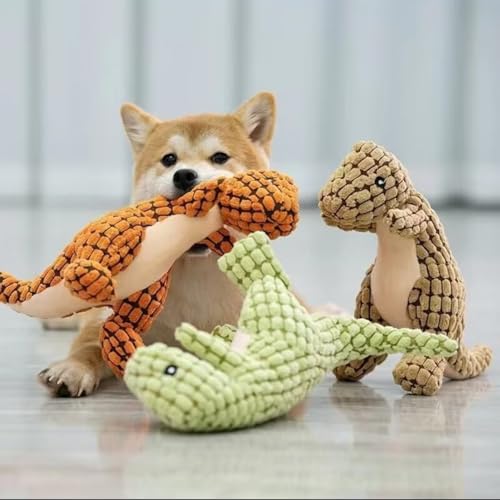 Edumov Hundespielzeug Quietschend, Waschbares Kauspielzeug Hund Unzerstörbar, Robustes Kuscheltier für Welpen und Kleine Hunde, Lustig Dog Toy Dino-Hundespielzeug Weihnachten