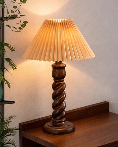 Image of Homesake Classic Twister Wooden Table Lamp with Shade | Handcrafted Bedside Lamp, E27 Holder| Bulb Included |Warm Light Night Lamp, Bedroom, Living Room, Study & Home Decor, (Pleated Jute)