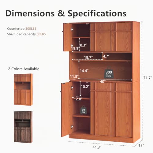 Image of 72 inch Pantry Cabinet, Tall Kitchen Pantry Storage Cabinet with Countertop, Adjustable Shelves, Mid Century Modern Wooden Kitchen Hutch with Skeleton Lines for Living Room, Dining Room, Cherry