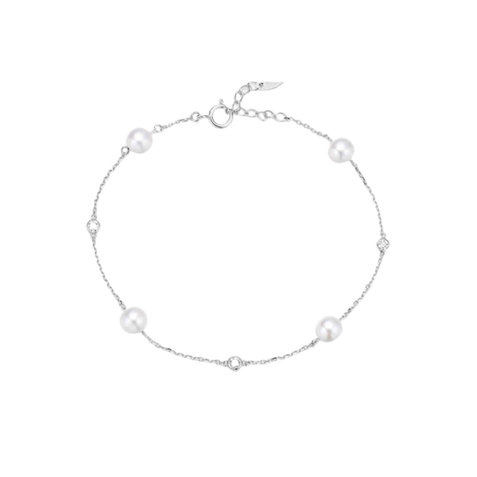 Pulseras de Mujer Oro Blanco 9 Kilates / 14 Kilates / 18 Kilates, Perlas 5.5-6 MM y Diamante, Cadena Extensible 16 CM + 5 CM, Pulsera de Ajustable Mujer Plata
