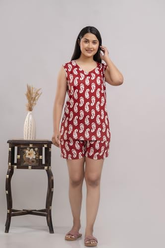 Image of Women's Cotton Printed Night Suit Set of Top & Shorts Sleeveless Women's Lounge Wear Set