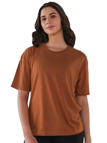 Image of CHKOKKO Oversized Round Neck Drop Shoulder Solid Polyester Full Sleeves T-Shirt for Women