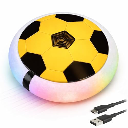 Image of Hover Football for Kids | Rechargeable LED Air Power Soccer Disc | Indoor Floating Football Toy with Soft Foam Bumper (Yellow)
